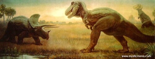 T-rex vs Triceratops Art by Charles Knight Framed Print