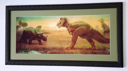 T-rex vs Triceratops Art by Charles Knight Framed Print