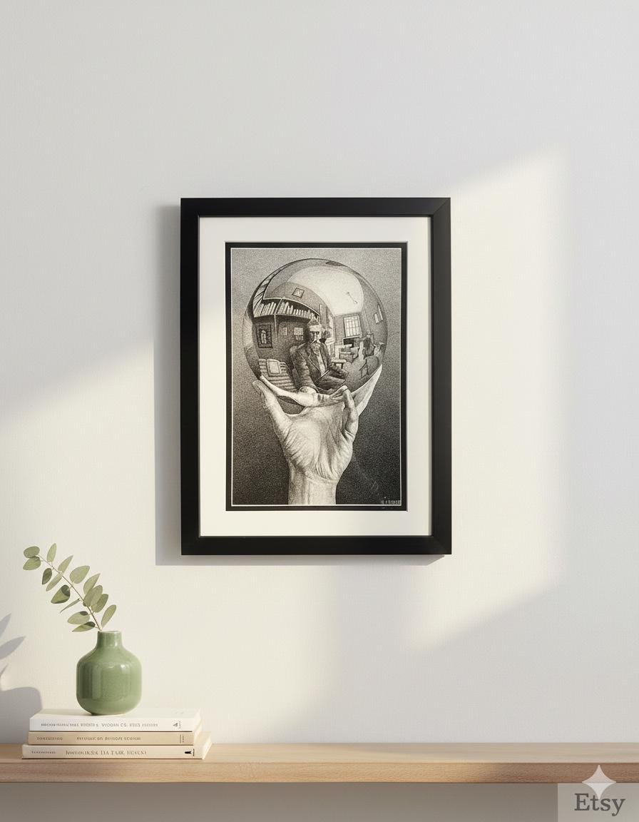 MC Escher Hand with Reflecting Sphere, Art Print by M.C. Escher