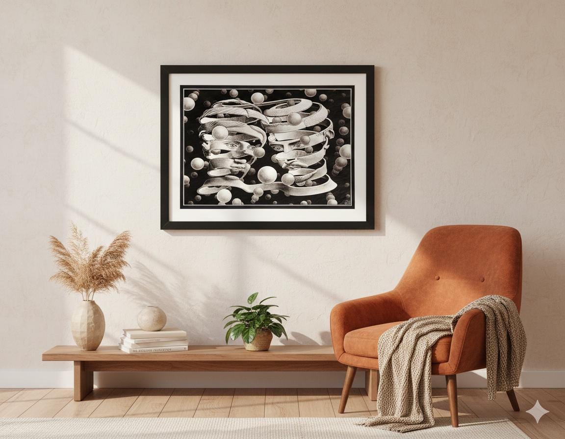 M.C. Escher Bond of Union Framed Art – Surreal Love Wall Art, Optical Illusion Print, Philosophical Wall Deco
