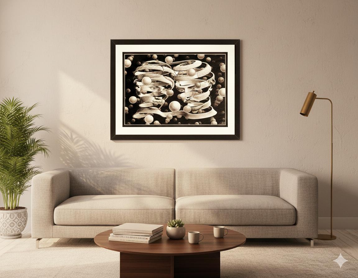 M.C. Escher Bond of Union Framed Art – Surreal Love Wall Art, Optical Illusion Print, Philosophical Wall Deco