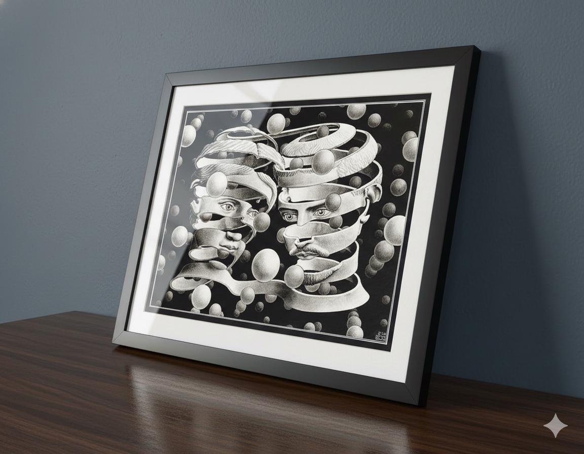 M.C. Escher Bond of Union Framed Art – Surreal Love Wall Art, Optical Illusion Print, Philosophical Wall Deco