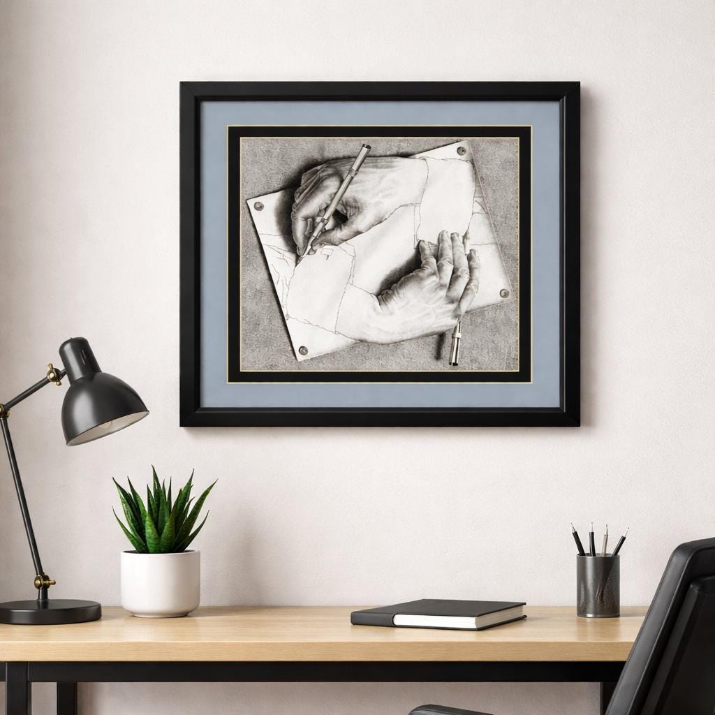 M.C. Escher Drawing Hands Framed Print with Double Mat