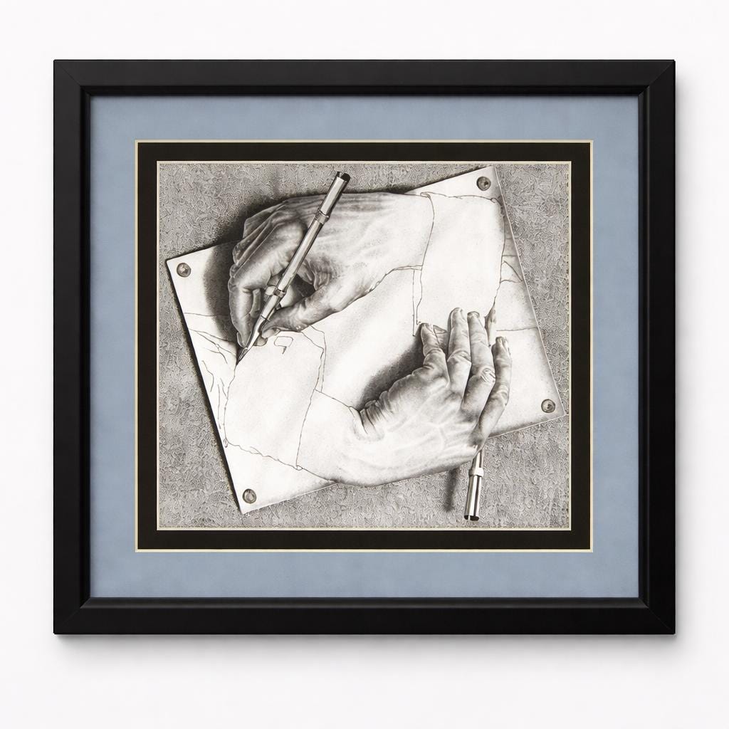M.C. Escher Drawing Hands Framed Print with Double Mat