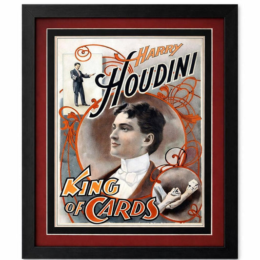Harry Houdini Framed Vintage Poster  King of Cards Magician Wall Art, Classic Poker & Card Room Decor