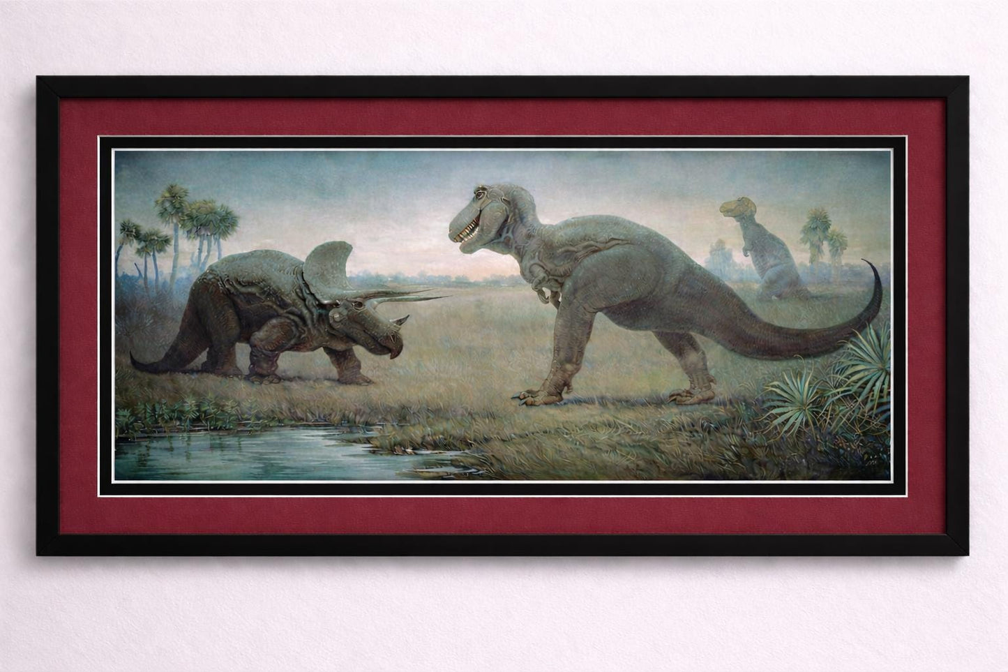 Charles Knight T-Rex vs Triceratops Framed Art, Vintage Dinosaur Mural Print, Prehistoric Natural History Painting