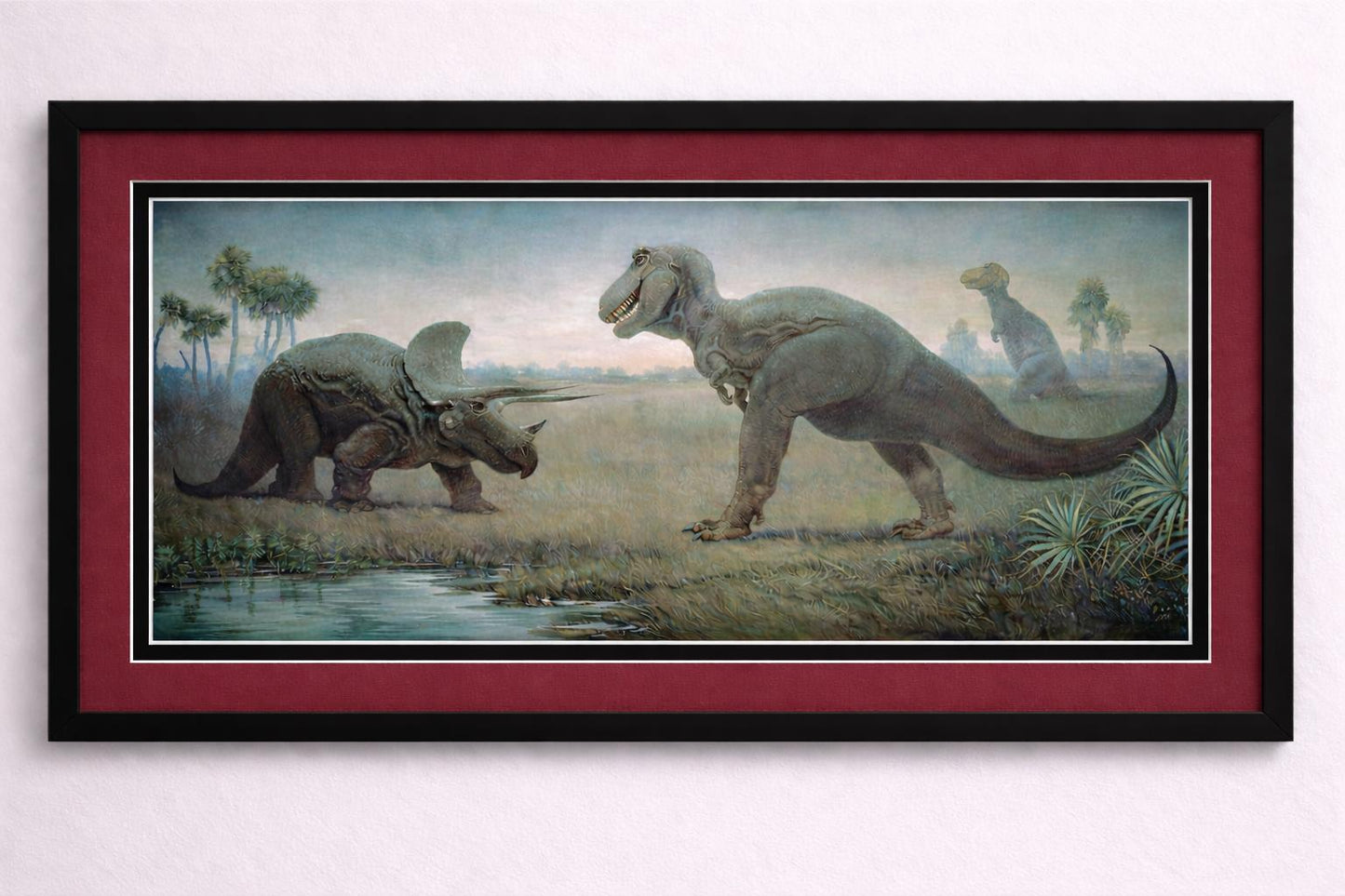Charles Knight T-Rex vs Triceratops Framed Art, Vintage Dinosaur Mural Print, Prehistoric Natural History Painting