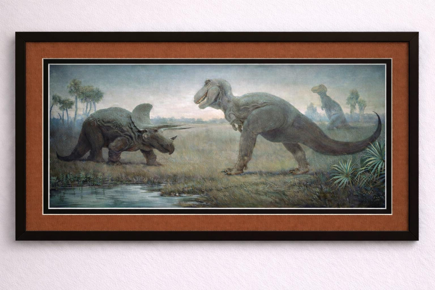 Charles Knight T-Rex vs Triceratops Framed Art, Vintage Dinosaur Mural Print, Prehistoric Natural History Painting