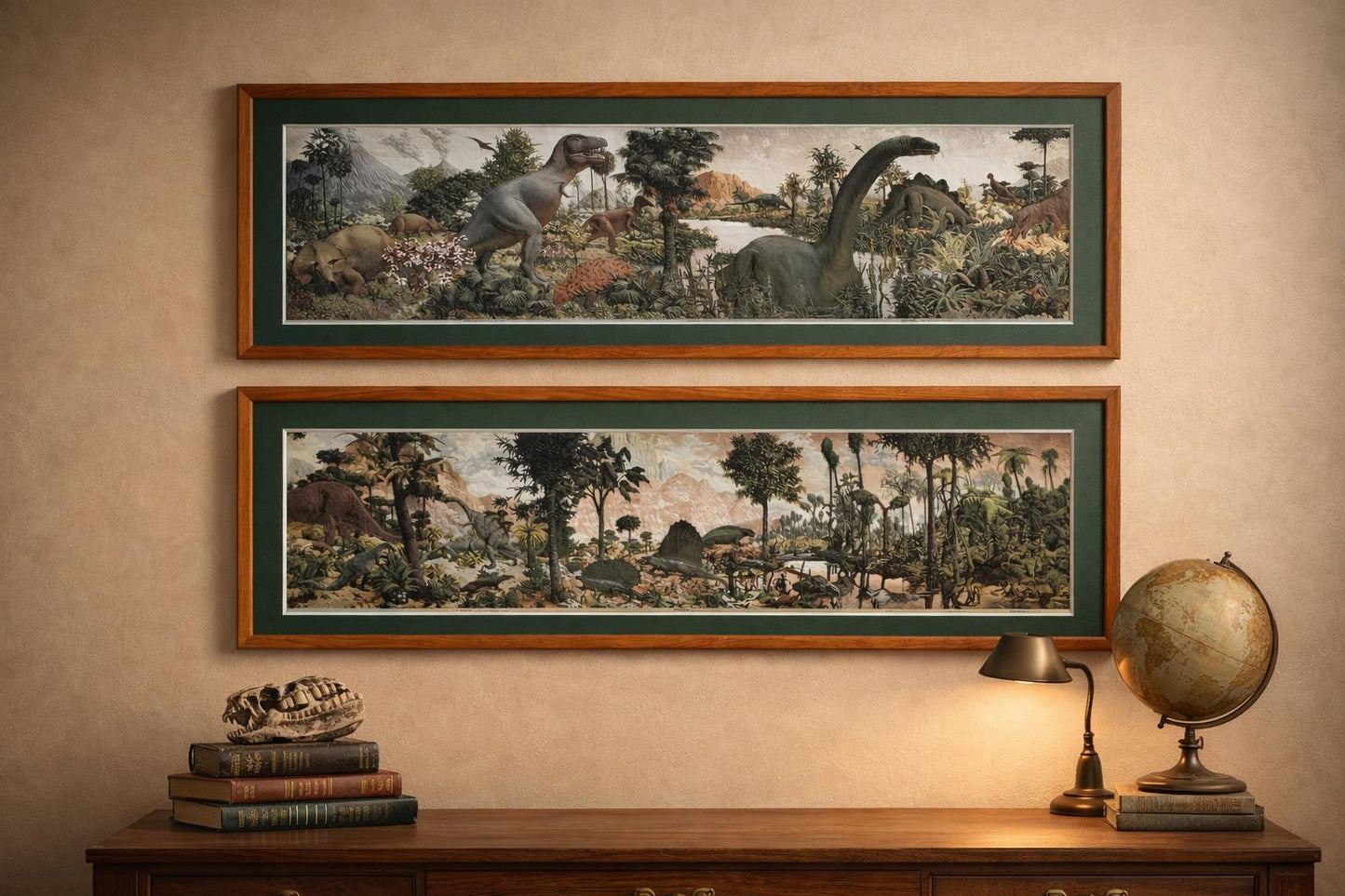Age of Reptiles Dinosaur Mural Art by Zallinger Framed Set in Honey Oak Wood