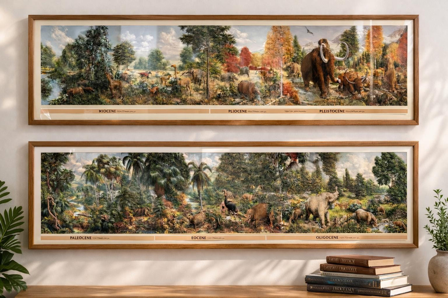 The Age of Mammals Mural Poster by Rudolph Zallinger Framed Set in Honey Oak