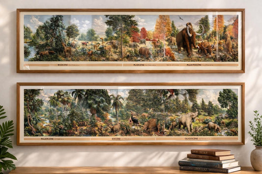 The Age of Mammals Mural Poster by Rudolph Zallinger Framed Set in Honey Oak