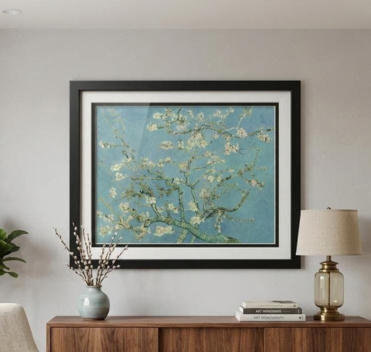 Van Gogh Almond Blossoms Framed Art Print, Teal Floral Wall Decor, Impressed Oil Painting Replica — Custom Sizes & Mat Colors