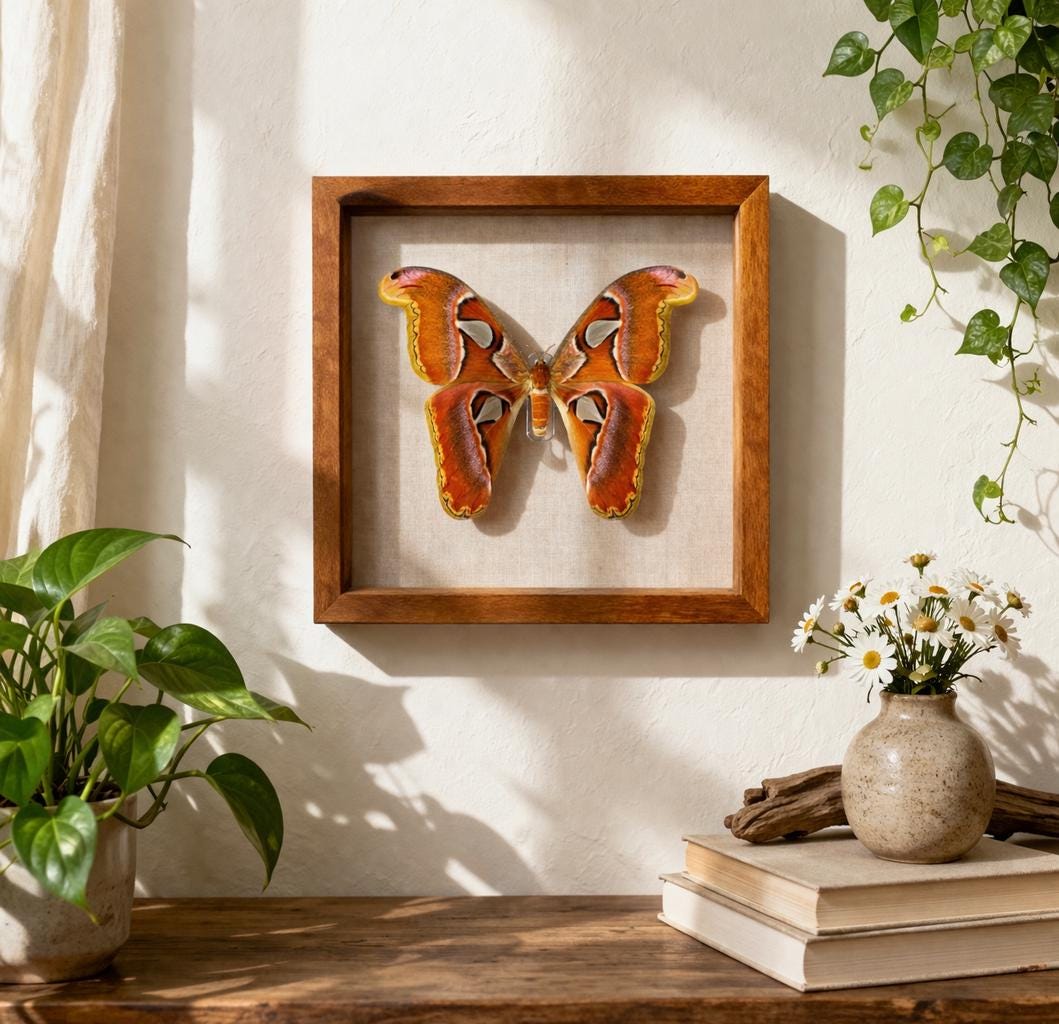 Giant Atlas Moth (Attacus atlas) – Real Framed Butterfly, Double Glass Shadowbox, Entomology Gift