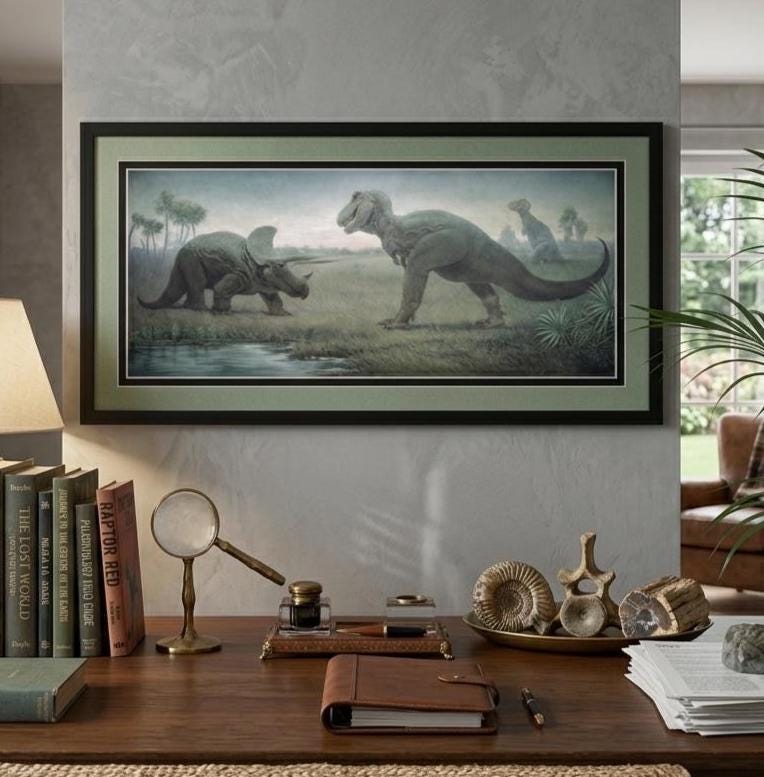 Charles Knight T-Rex vs Triceratops Framed Art, Vintage Dinosaur Mural Print, Prehistoric Natural History Painting