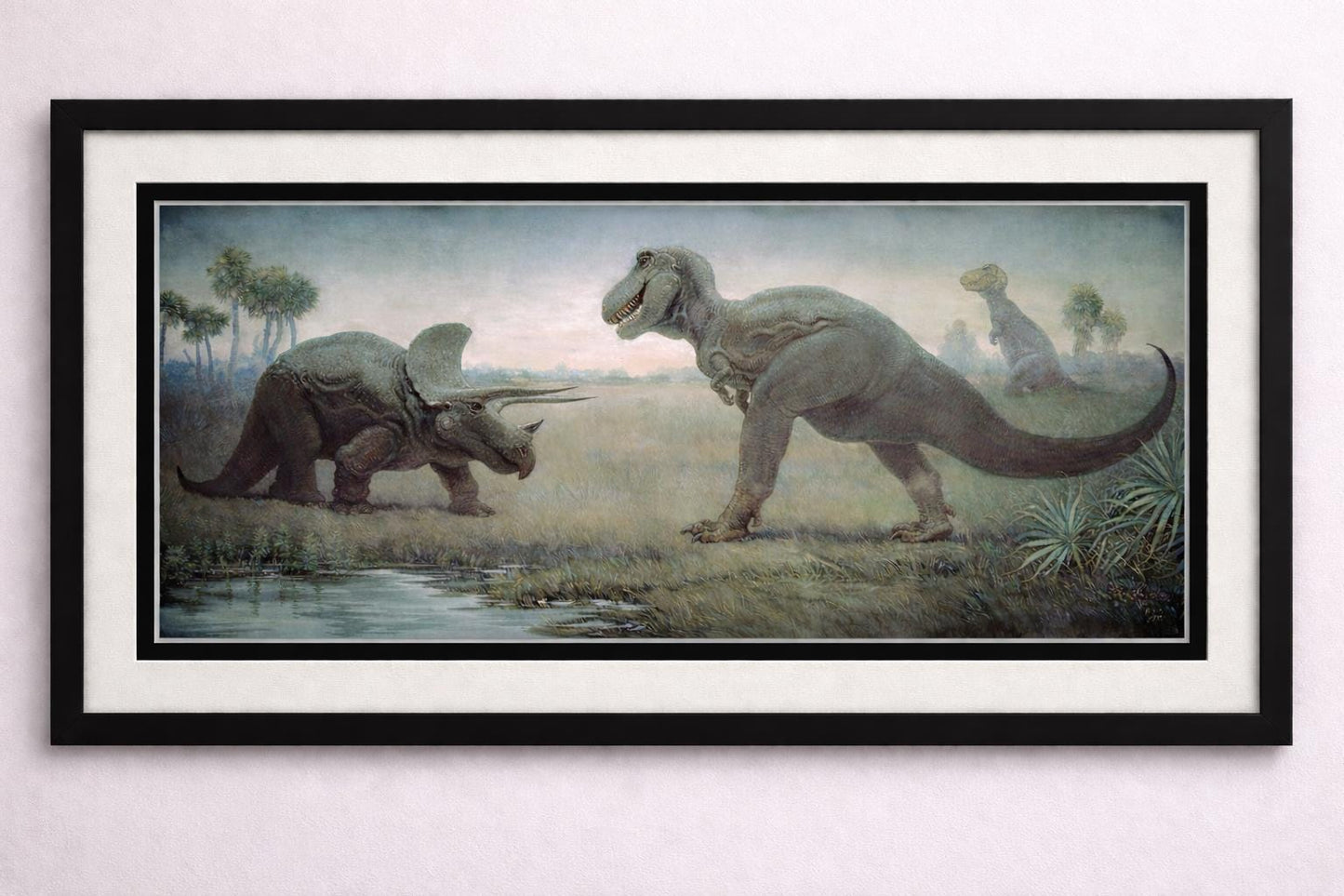Charles Knight T-Rex vs Triceratops Framed Art, Vintage Dinosaur Mural Print, Prehistoric Natural History Painting