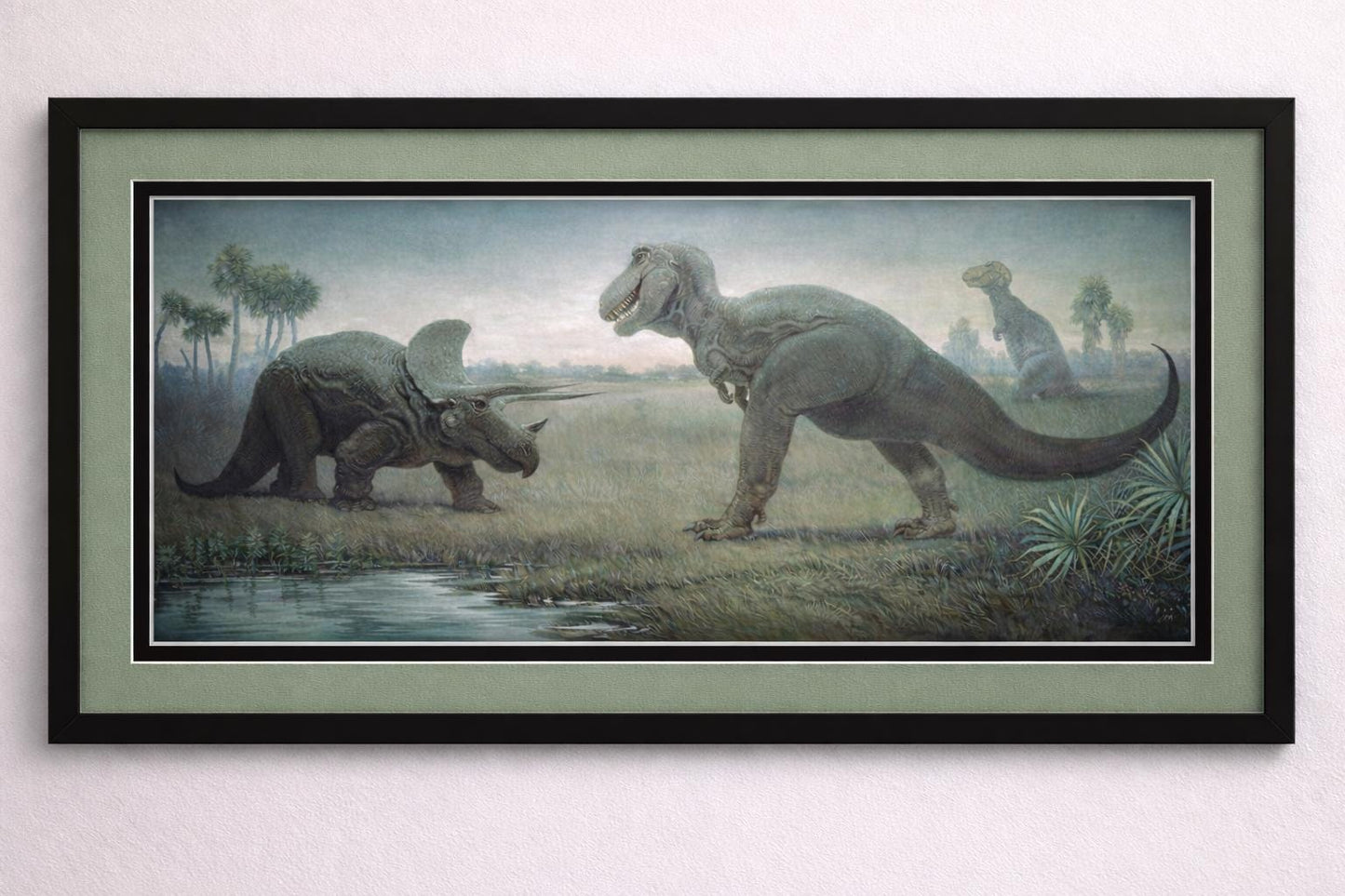 Charles Knight T-Rex vs Triceratops Framed Art, Vintage Dinosaur Mural Print, Prehistoric Natural History Painting