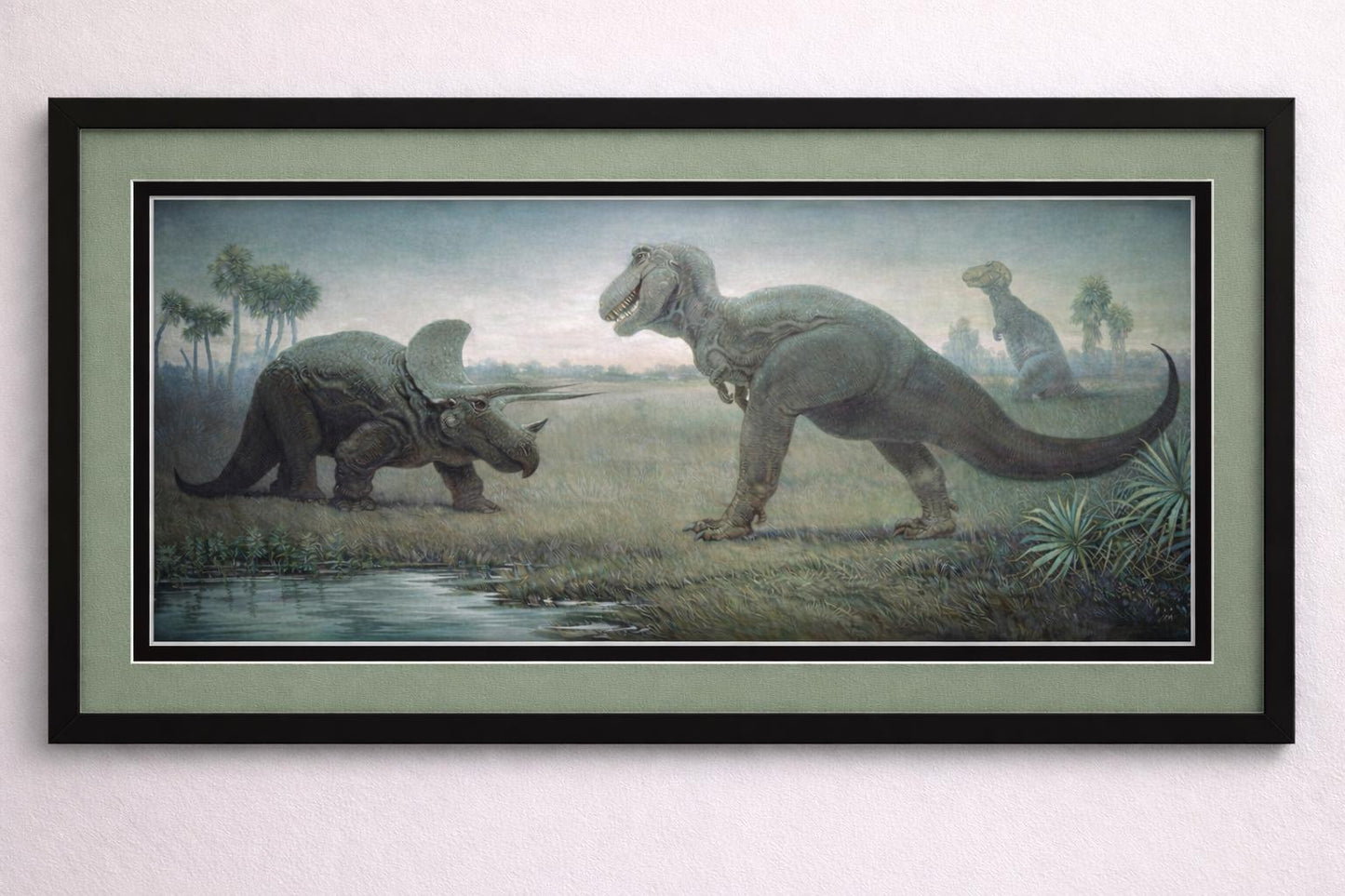 Charles Knight T-Rex vs Triceratops Framed Art, Vintage Dinosaur Mural Print, Prehistoric Natural History Painting