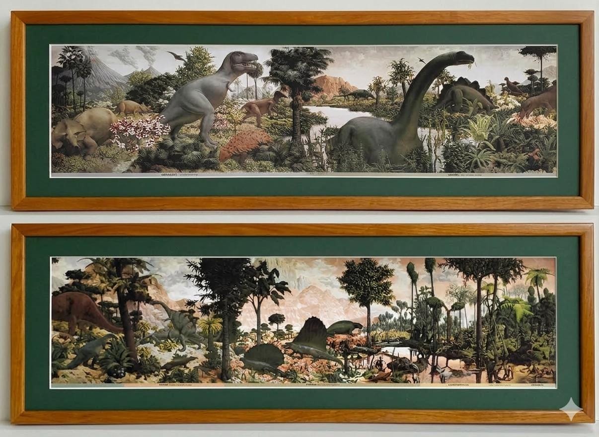Age of Reptiles Dinosaur Mural Art by Zallinger Framed Set in Honey Oak Wood