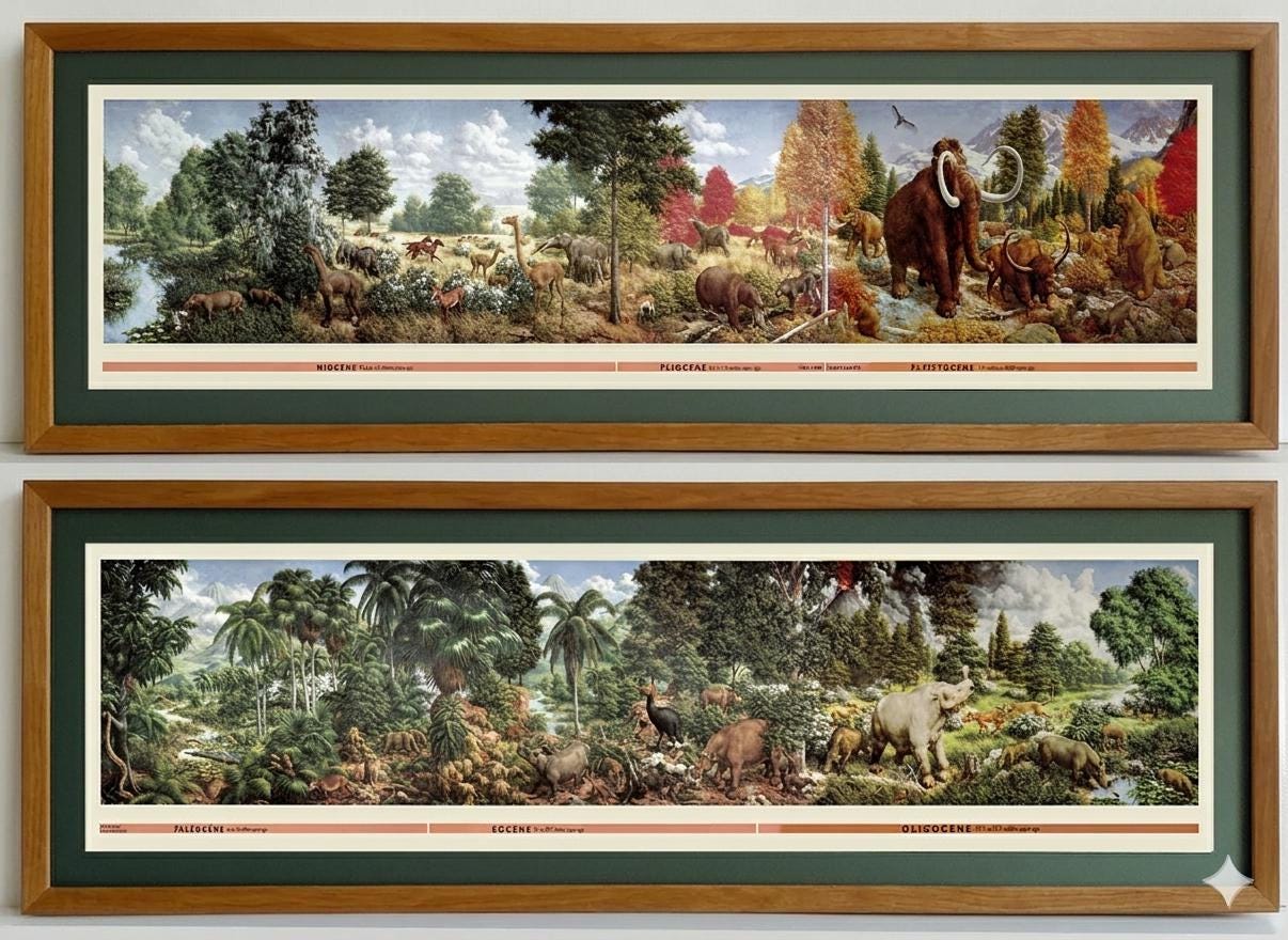 Age of Mammals Mural Art by Zallinger Framed Set in Honey Oak Wood