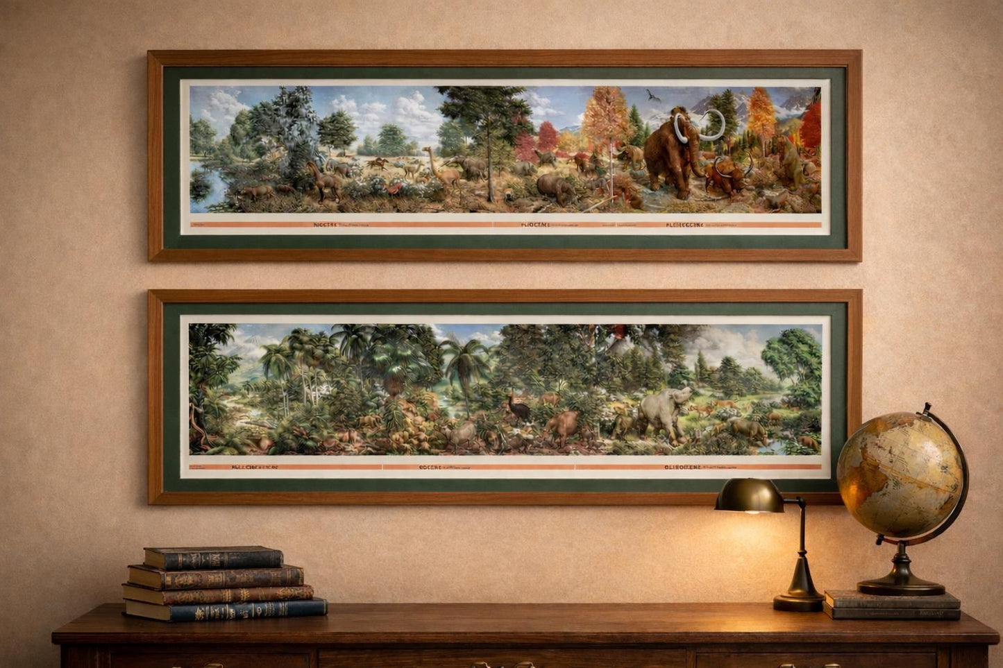 Age of Mammals Mural Art by Zallinger Framed Set in Honey Oak Wood