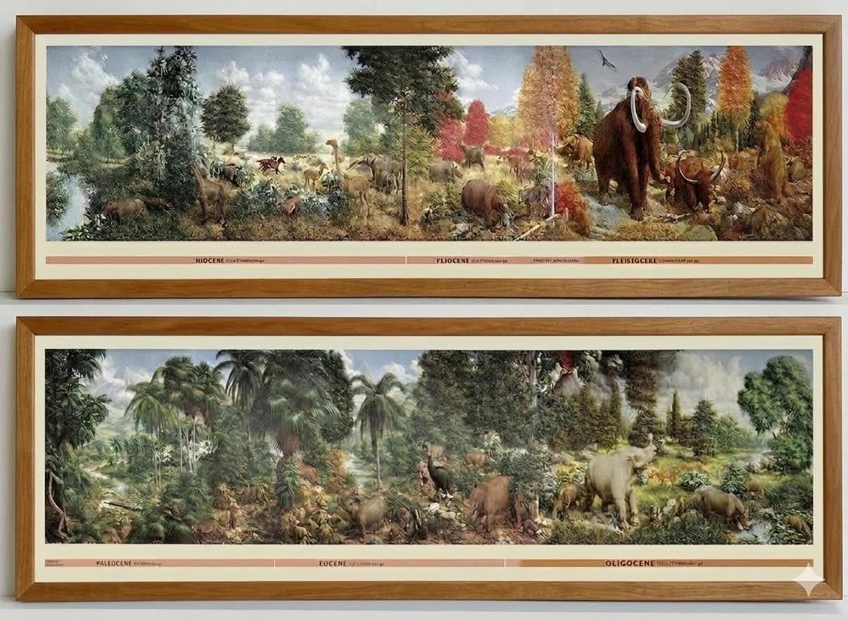 The Age of Mammals Mural Poster by Rudolph Zallinger Framed Set in Honey Oak