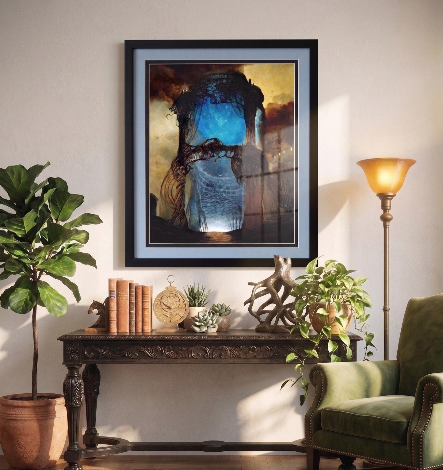 Beksinski Art Print -Blue Chapel - Framed Polish Surrealism Wall Art - Dark Fantasy Dystopian Home Decor