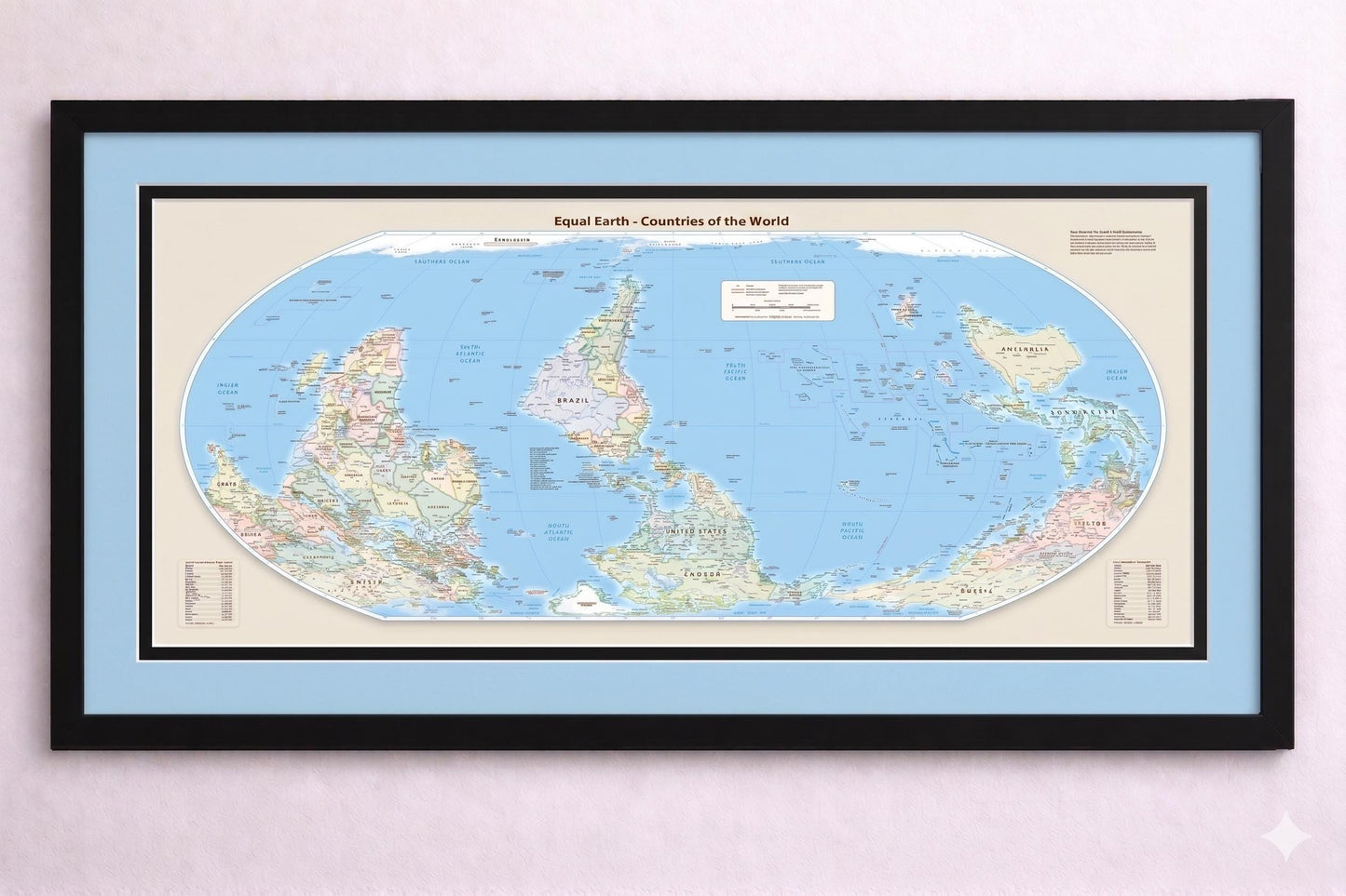 Equal Earth Map South-Up Wall Art – Upside Down World Map with Double Matting