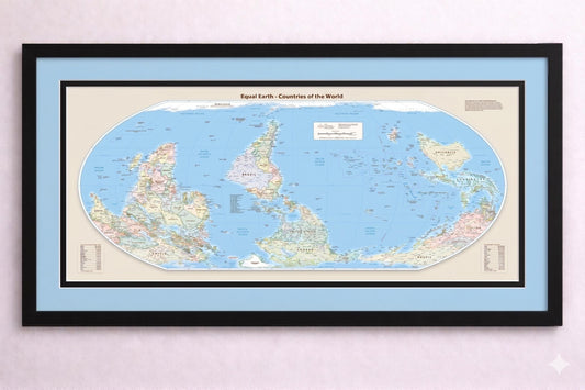 Equal Earth Map South-Up Wall Art – Upside Down World Map with Double Matting