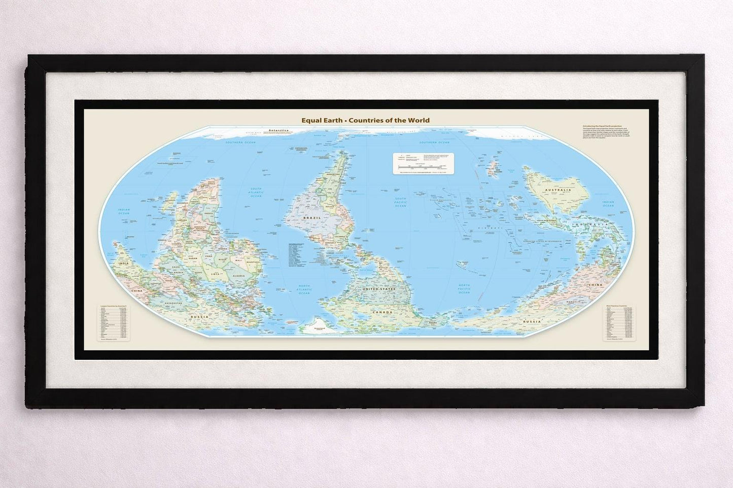 Equal Earth Map South-Up Wall Art – Upside Down World Map with Double Matting