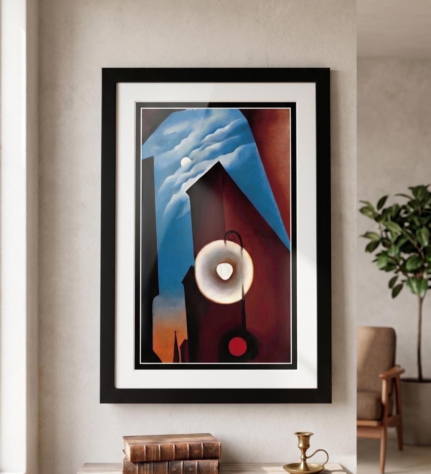 O’Keeffe New York Street with Moon Art Print, Framed Abstract Cityscape Wall Art, Double Matted Modern Decor