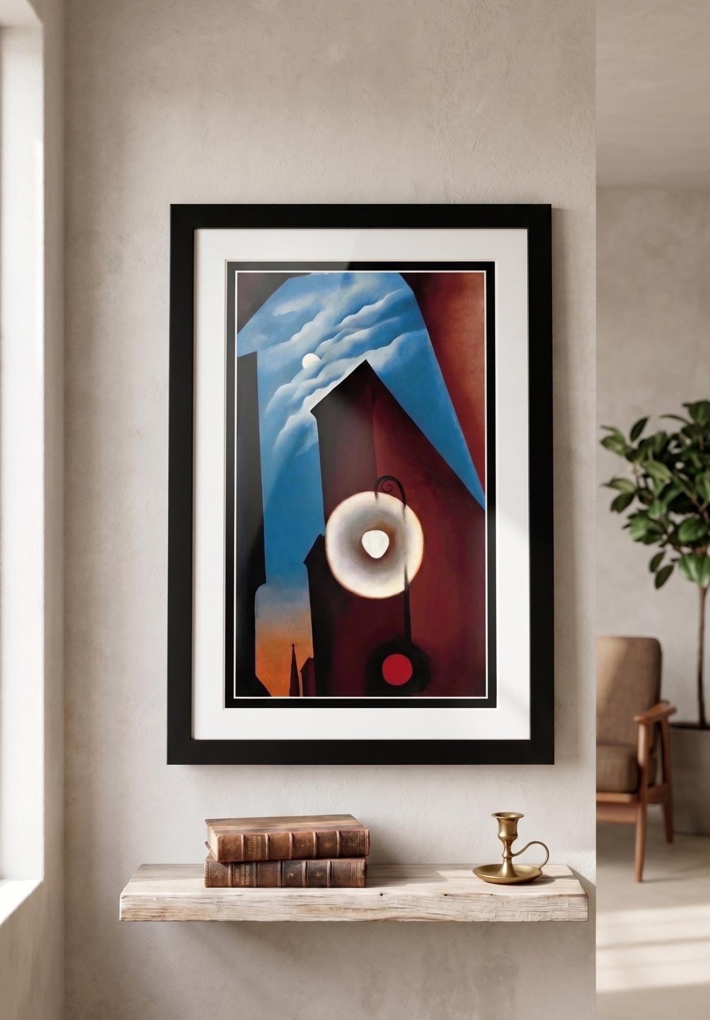 O’Keeffe New York Street with Moon Art Print, Framed Abstract Cityscape Wall Art, Double Matted Modern Decor