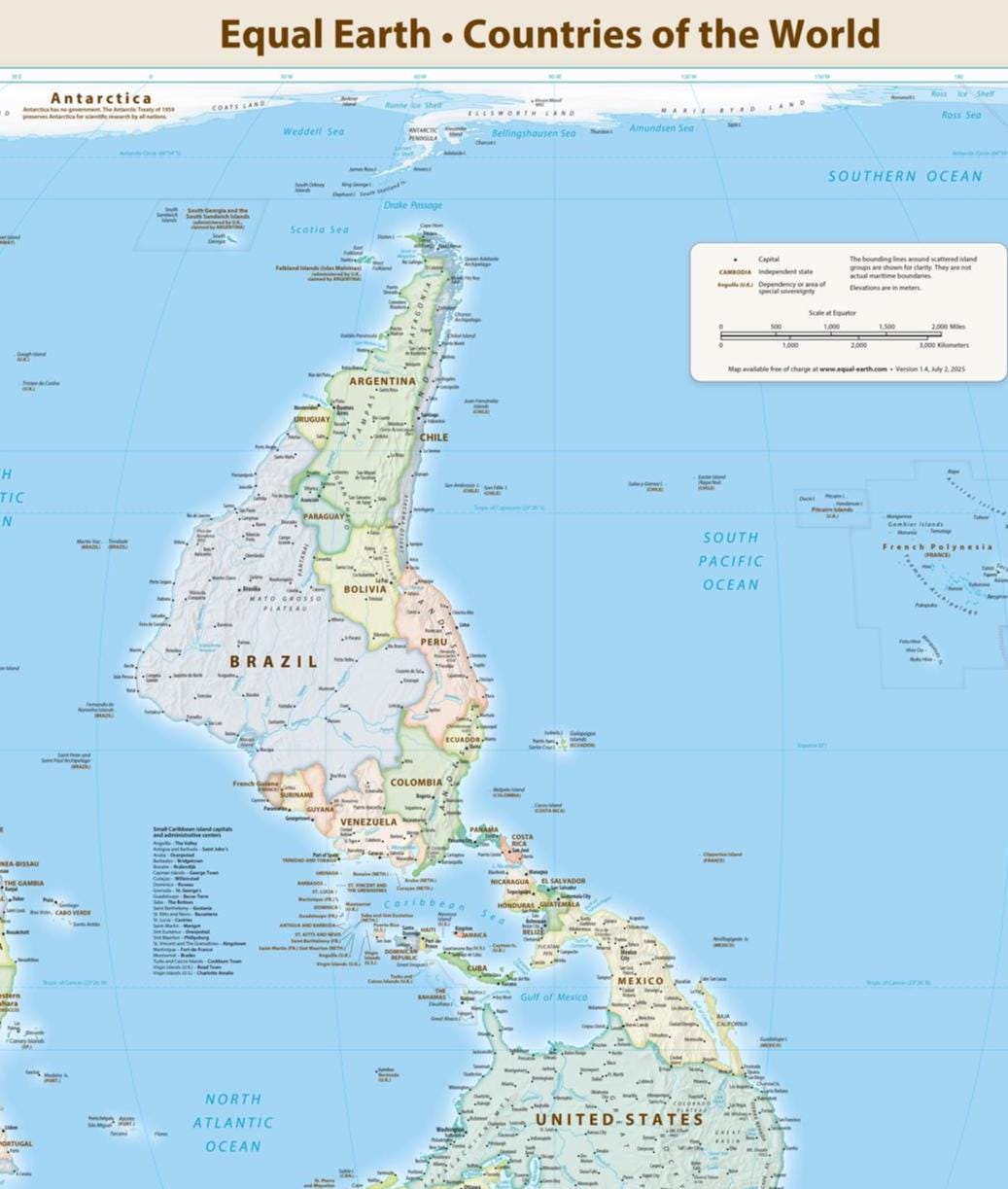 Equal Earth Map South-Up Wall Art – Upside Down World Map with Double Matting